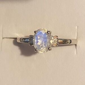 Rainbow Moonstone with Diamonds Set In Platinum Over Sterling Silver Ring